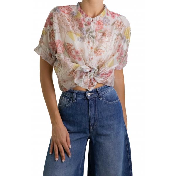 Camicia con collo alla coreana fantasia 